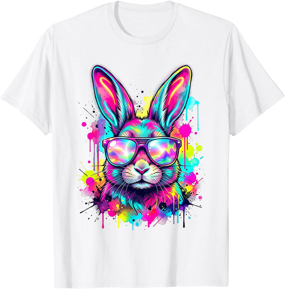 Happy Easter Bunny Face Tie Dye Bunny Rabbit with Glasses T-Shirt in White