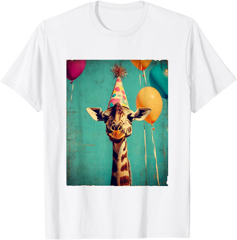 Giraffe Animal Zoo Birthday Party Apparel Unisex-Kids Retro Art Print Giraffe Birthday Party T-Shirt Black Short Sleeve Small - White