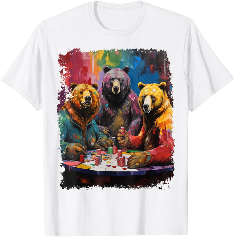 Noah&Friends Playing Card Pop Art Gambling Bears Playing Poker Cards T-Shirt - White