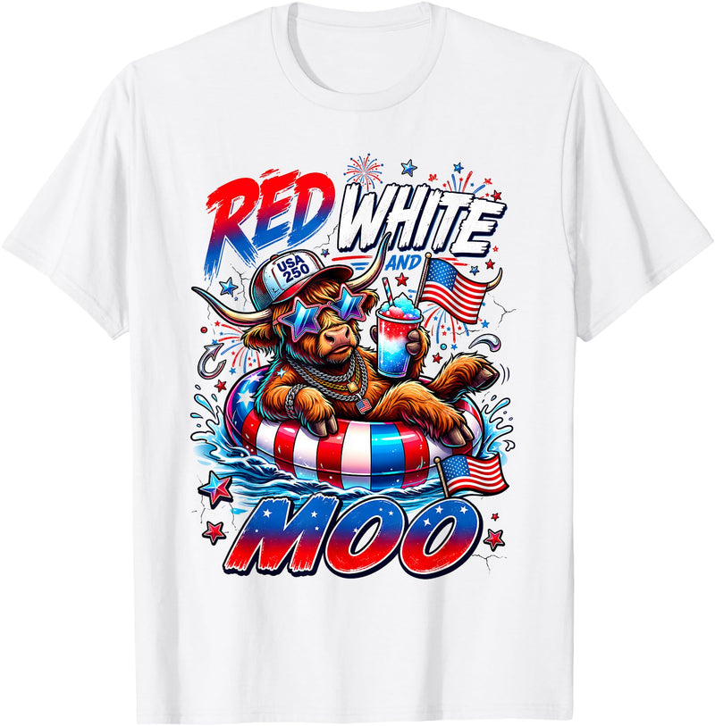 Cute Red White Moo Highland Cow 4th July Summer Red White and Moo Highland Cow 4th July 250 Years Patriotic T-Shirt - White