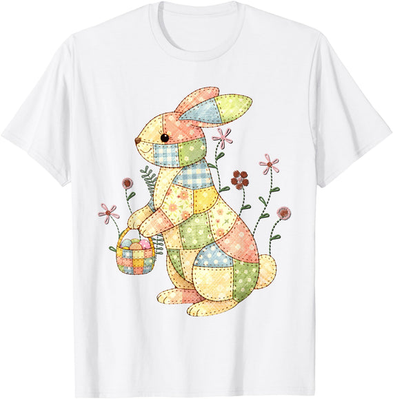 Patchwork Easter Bunny Rabbit Quilting Quilters Sewers T-Shirt in White