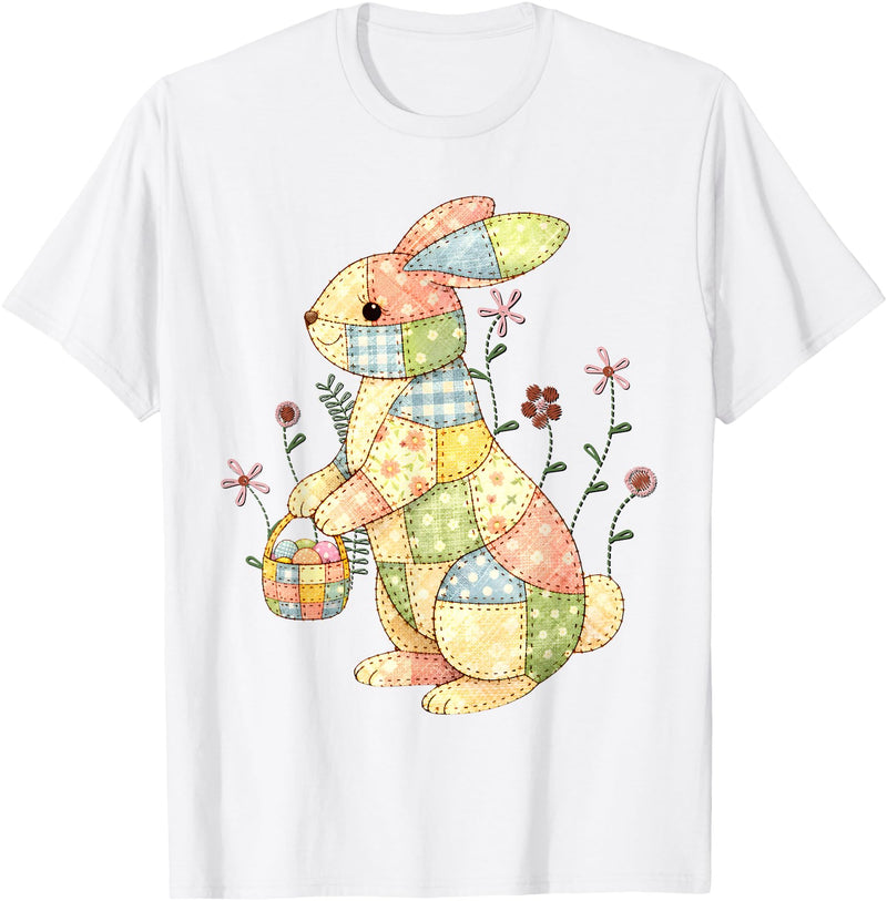 Patchwork Easter Bunny Rabbit Quilting Quilters Sewers T-Shirt in White