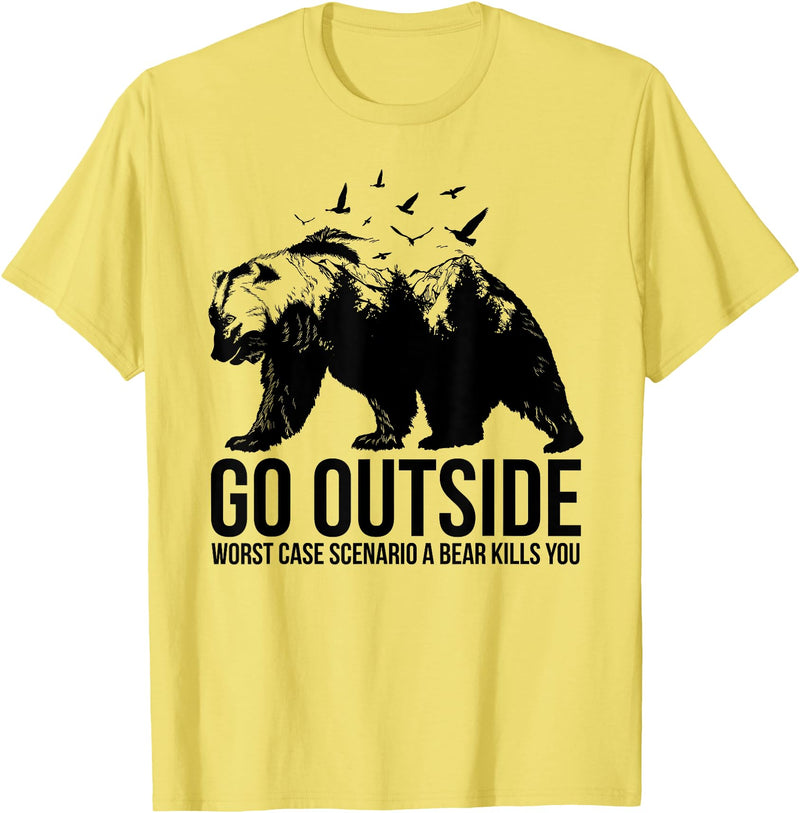 Mountain Calling Hiking T Shirts & Hiking Shirts Go Outside Worst Case Scenario a Bear Kills You Shirt - Lemon Yellow