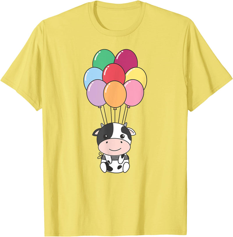 Cute Balloon Animals For Birthday Cow Flies With Colorful Balloons Kawaii Cows T-Shirt - Lemon Yellow