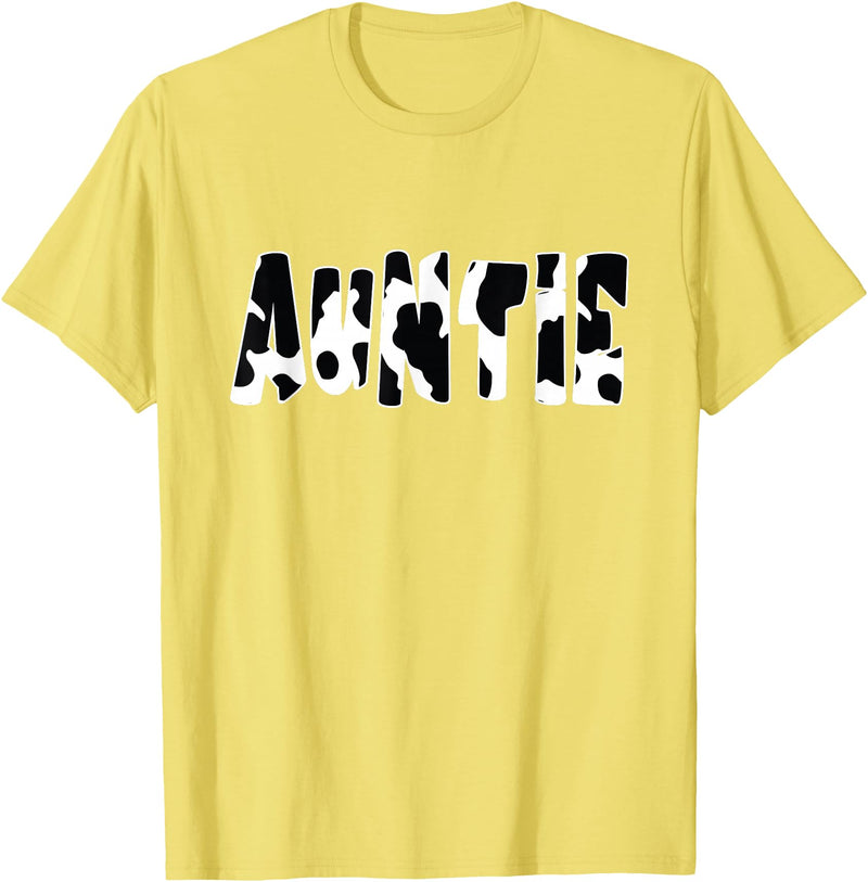 funny saying Gifts for Family Members and more Auntie Cow Print Cow Pattern T-Shirt, Black - Lemon Yellow