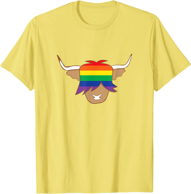 Ayeland co Cute Gay Pride Shirt LGBT flag scottish highland cow t shirt T-Shirt - Lemon Yellow