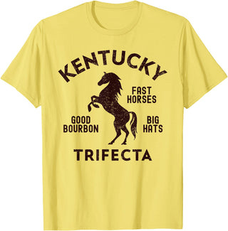 Vintage Horse Racing & Race Track Apparel Kentucky Trifecta - Fast Horses, Big Hats, & Good Bourbon T-Shirt - Lemon Yellow