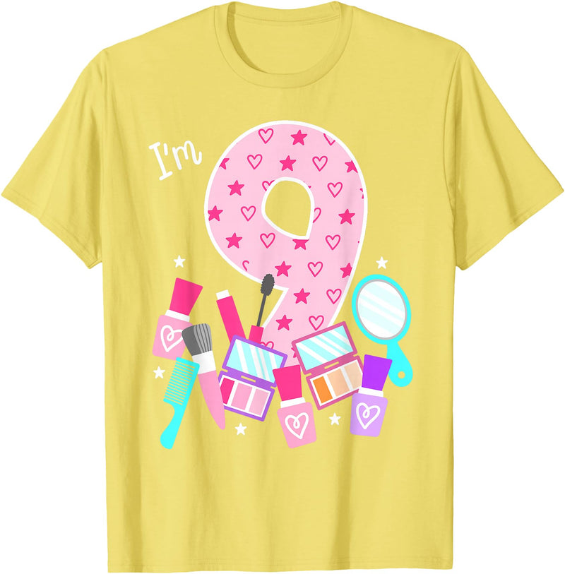 Birthday Girl Spa Squad Outfit Gifts Shop Spa Birthday Party I'm 9 Girls Makeup 9th Bday Kids Toddlers T-Shirt - Lemon Yellow