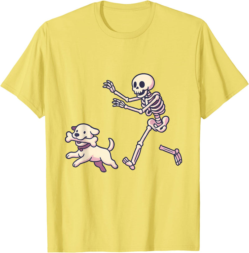 Funny Skeleton Dog Bone Halloween Kawaii Dog Steals Bone from Skeleton Running Halloween T-Shirt - Lemon Yellow