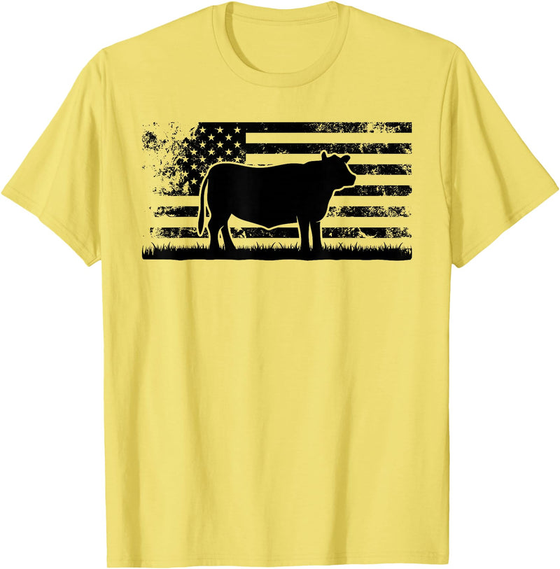 Funny Red Angus Rancher Gift for Cattle Lover USA American Flag - America Cow Red Angus Rancher T-Shirt - Lemon Yellow