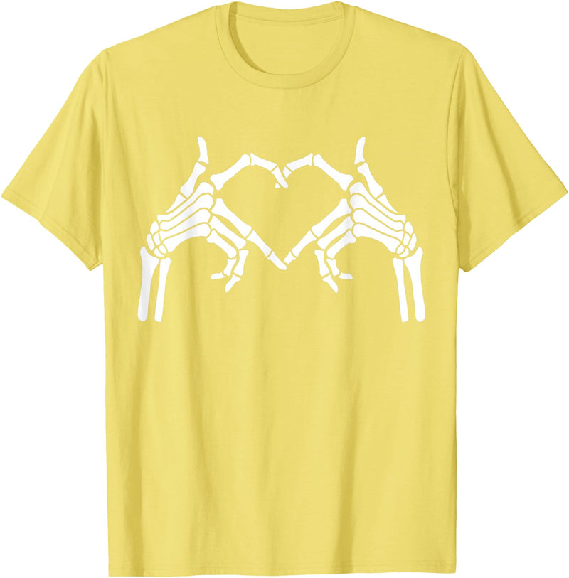 Skeleton Hand Halloween Trendy Novelty Graphic Art Skeleton Hands Heart Sign Halloween Tops T-Shirt - Lemon Yellow
