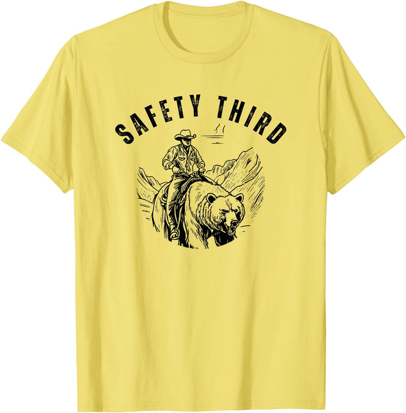 Exteevaganza Safety Third Cowboy Riding Bear Humorous Graphic T-Shirt - Lemon Yellow