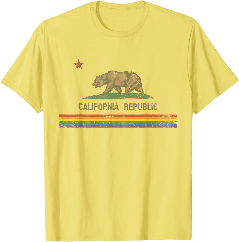 California LGBTQ+ Gift Men Women Couples Groups California Republic Bear LGBT Gay Pride Month Rainbow Flag T-Shirt - Lemon Yellow