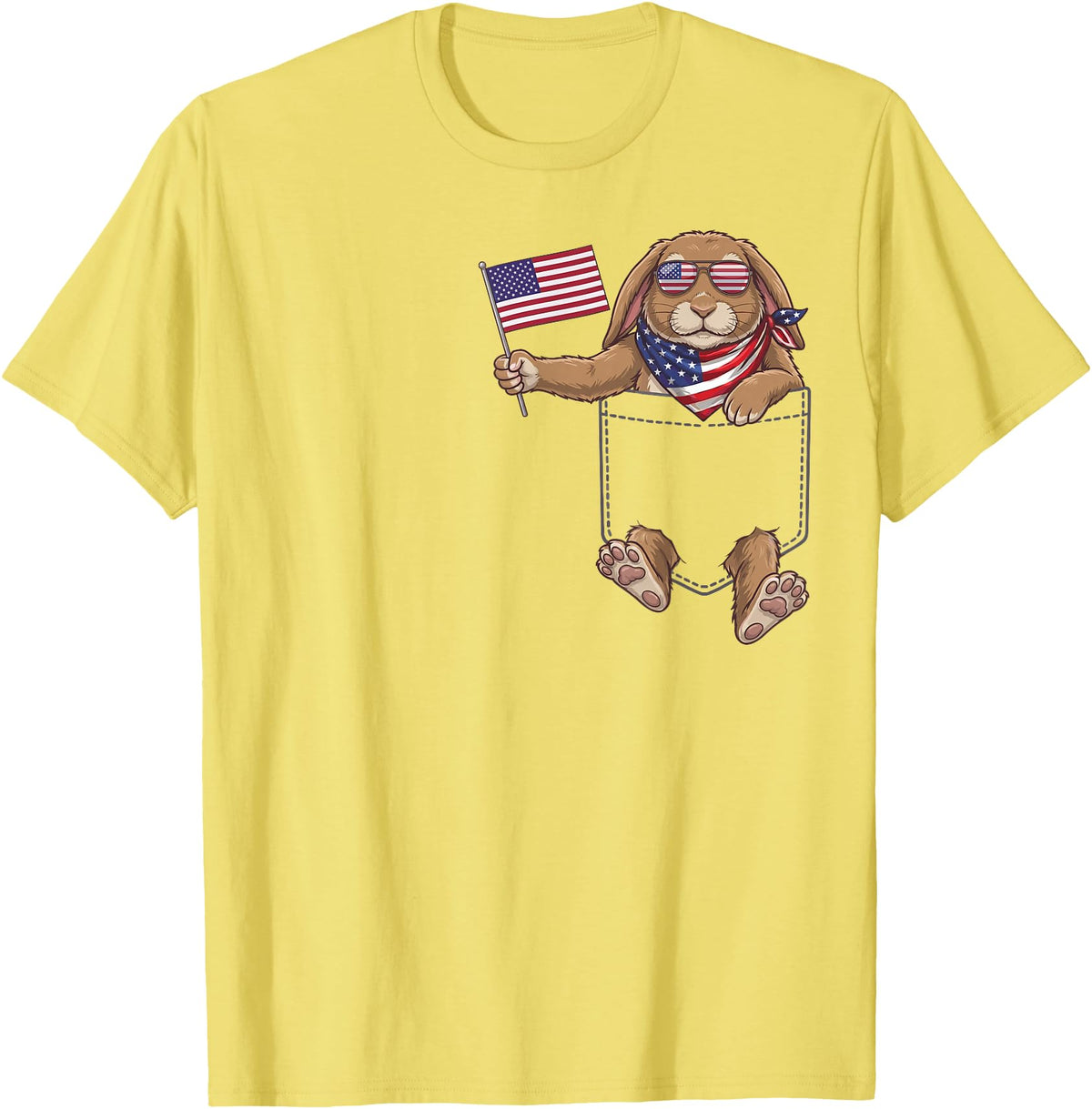 Rabbit Pocket Patriotic American Flag 4th of July USA T-Shirt in Lemon Yellow