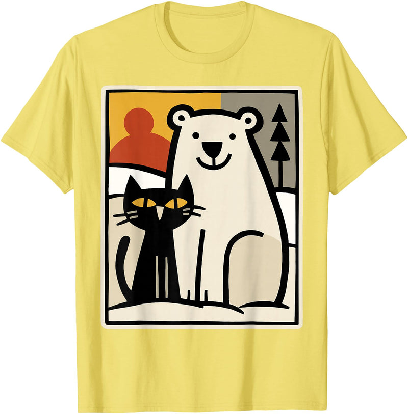 Utschki Bratschki Black Cat and Polar Bear Winter Animal Cute Snow Art T-Shirt - Lemon Yellow