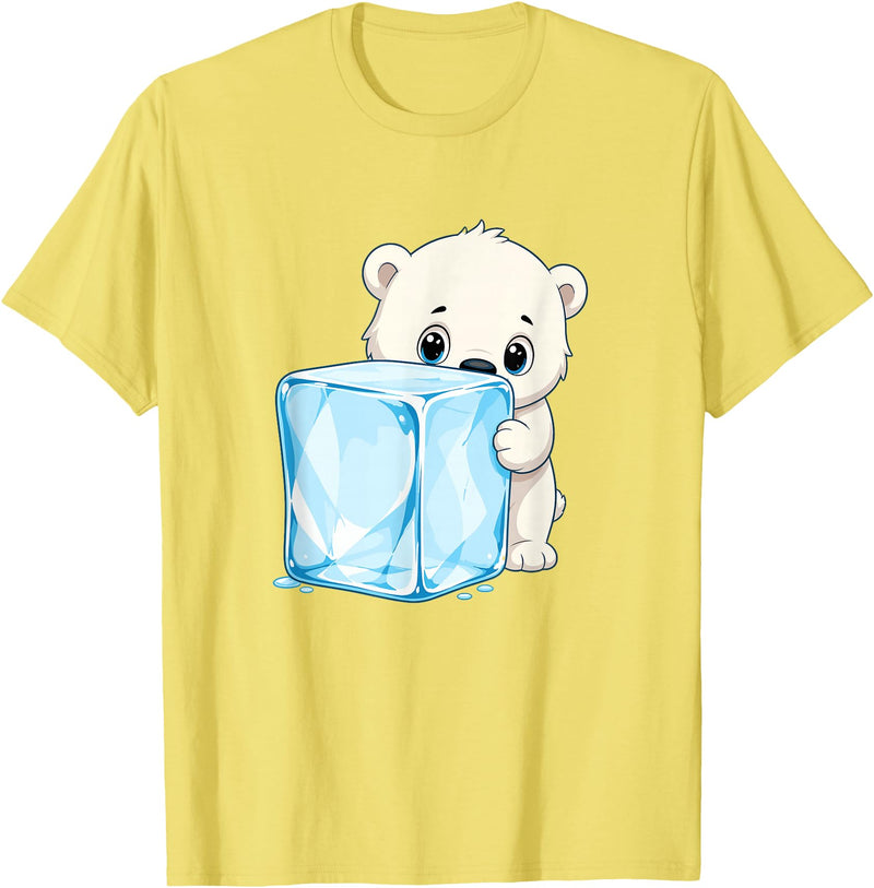 Cute Polar Bear Ice Cube Arctic Kawaii Adorable Baby Polar Bear Hugging Big Ice Cube T-Shirt - Lemon Yellow