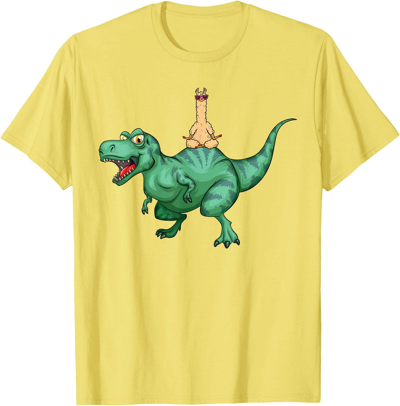 cute funny Llama Gifts and more Alpaca Llama riding Dinosaur T-Rex T-Shirt - Lemon Yellow