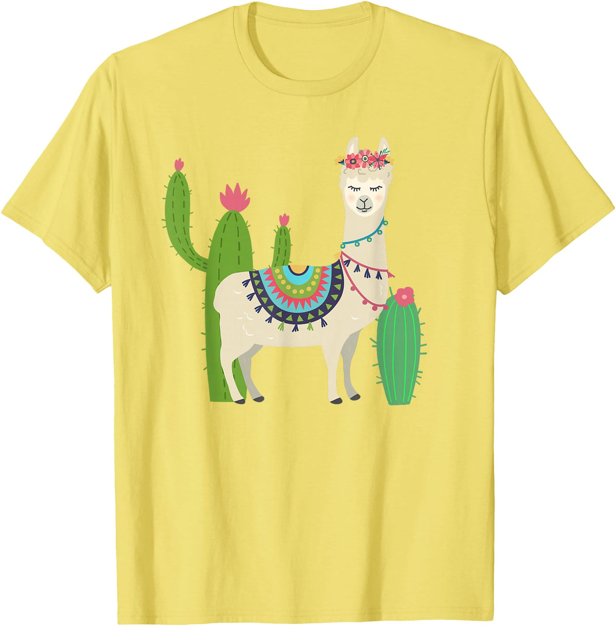 Captivaca Llama Shirts Cute Llama with Flower & Cactus/Llama Lover Gift T-Shirt Small - Lemon Yellow
