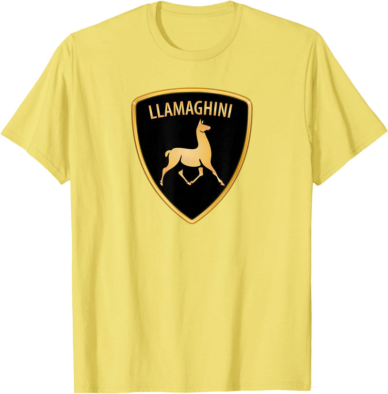 Llamaghini Apparel Co Llamaghini Funny Hillarious Llama Emblem Parody Fun Design T-Shirt - Lemon Yellow