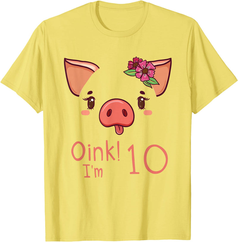 Girls Cute Pig Birthday Designs Co. 10th Birthday Pig Outfit Pig Face Gift 10 year old Girl Boy T-Shirt - Lemon Yellow
