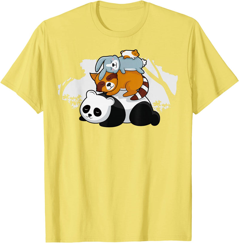 Panda Raccoon Rabbit Hamster Pyramid Cute Sleeping Animals T-Shirt in Lemon Yellow