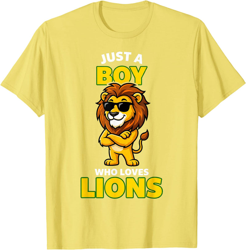 Lion King of the Jungle Safari Wildlife Zoo Gifts Cool Lion in Sunglasses Just A Boy Who Loves Lions T-Shirt - Lemon Yellow