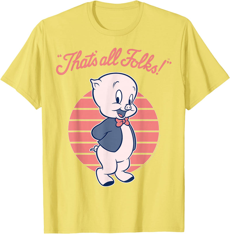 Looney Tunes Porky Pig That's All Folks Lined Portrait T-Shirt - Lemon Yellow