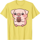 Bubbly Piglets Collection Cute kawaii cartoon pig drinking bubble tea T-Shirt - Lemon Yellow