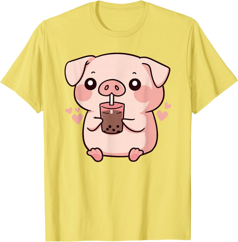 Bubbly Piglets Collection Cute kawaii cartoon pig drinking bubble tea T-Shirt - Lemon Yellow