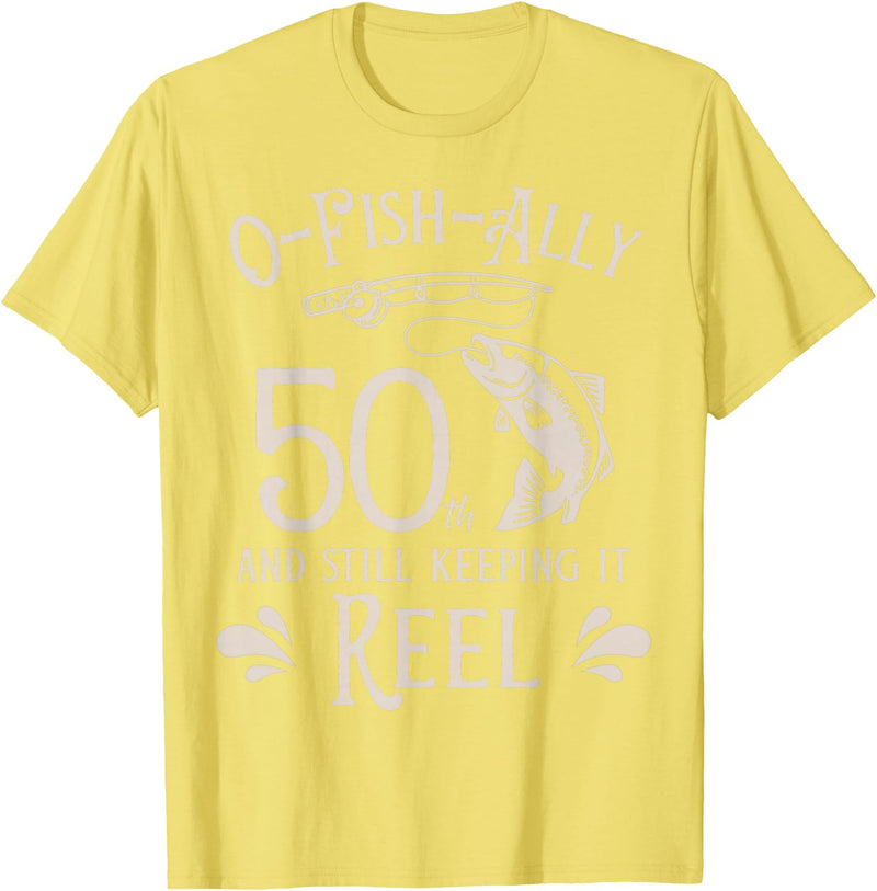 Fishing Birthday Fisherman Matching Family Mom Dad O-Fish-Ally 50th Fishing Birthday T-Shirt - Lemon Yellow