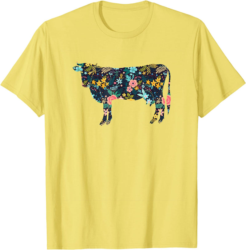 Cow Floral Silhouette Cattle Farm Lover Floral Cow Silhouette Womens Girls Cow Farm Animal T-Shirt - Lemon Yellow