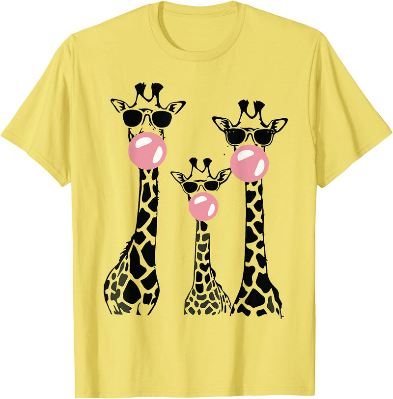 Bubble Safari Graphics Cute Giraffe Trio Blowing Bubble Gum with Sunglasses T-Shirt - Lemon Yellow