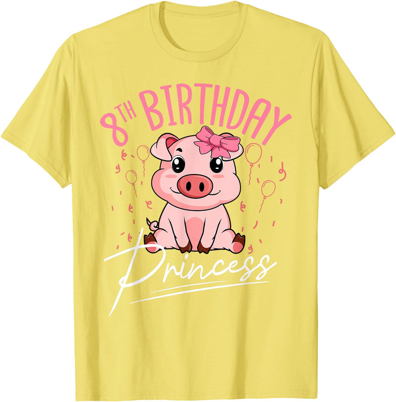 Pig Birthday 8 Cute Piggy Barn Party Apparel Pig 8th Birthday Princess Farm Party Hog Farmer Barnyard T-Shirt - Lemon Yellow