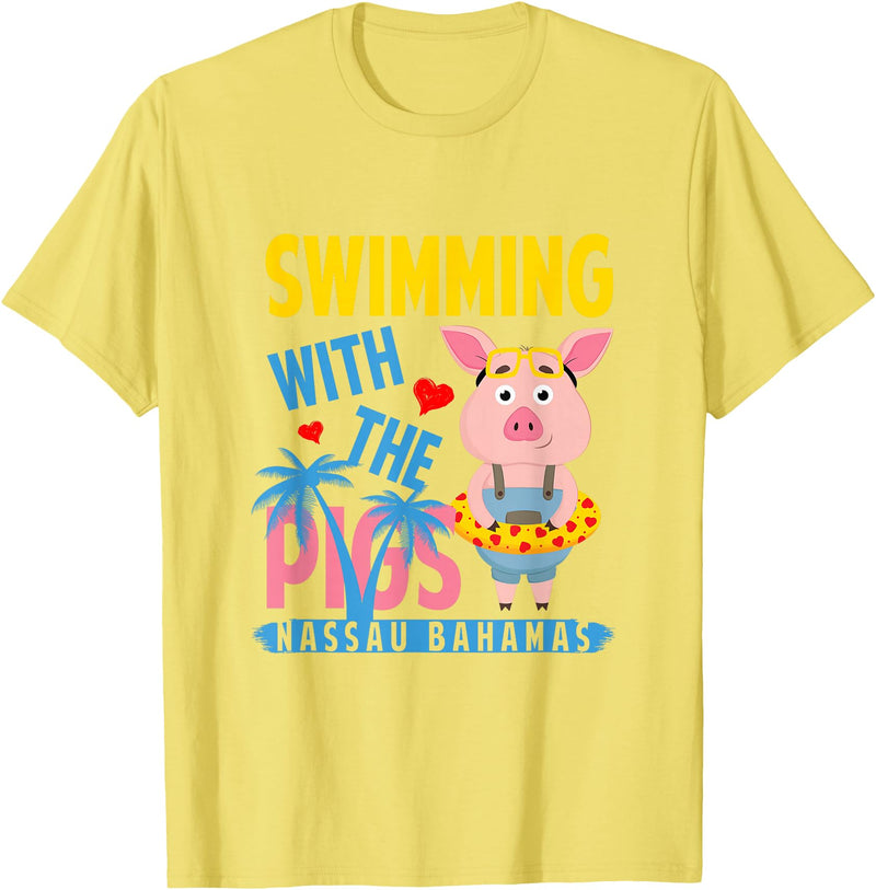 Swimming With The Pigs Bahamas Beach Summer Vibes Swimming With The Pigs Nassau Bahamas Hello Summer Beach T-Shirt - Lemon Yellow