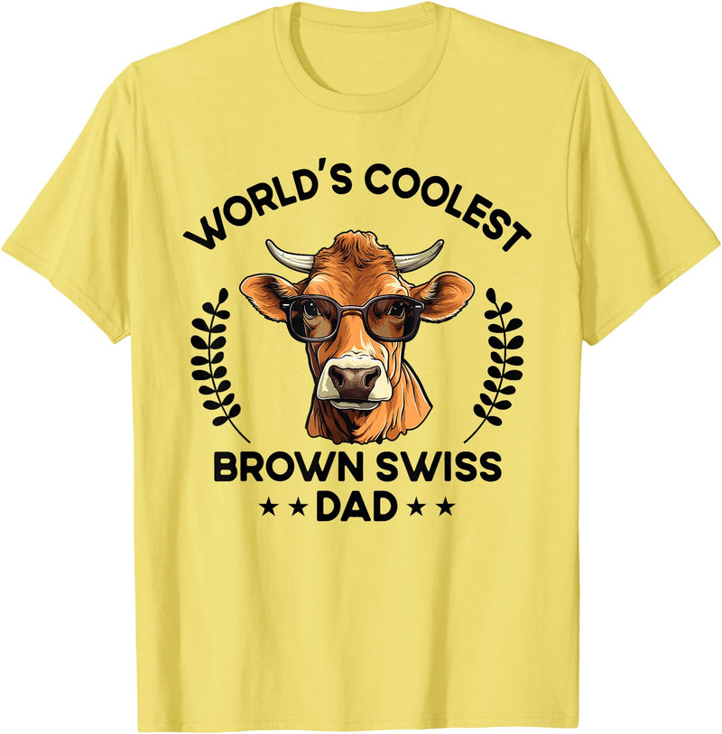 The Woof Wardrobe World's Coolest Cow Dad Papa - Men Farmer Brown Swiss T-Shirt - Lemon Yellow