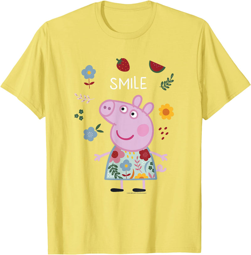Peppa Pig Smile Cute Flowers & Fruit Full Body Portrait T-Shirt - Lemon Yellow
