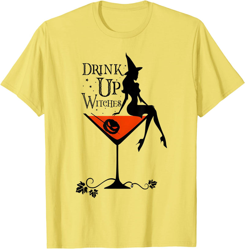 Drink Up Witch Squad Halloween Drink Up Witches Witch Squad Wine Glass Halloween T-Shirt - Lemon Yellow
