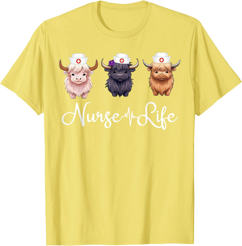 Highland Cow Nurse Life Costume Cute Highland Cow Nurse Life Farm Animal Lover Nursing T-Shirt - Lemon Yellow