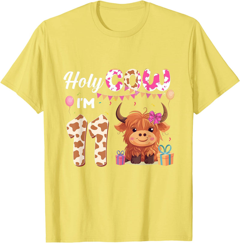 Highland Cow Birthday Gift For Girl Boy Holy Cow I'm 11 Year Old Birthday Highland Cow 11th Bday Kid T-Shirt - Lemon Yellow
