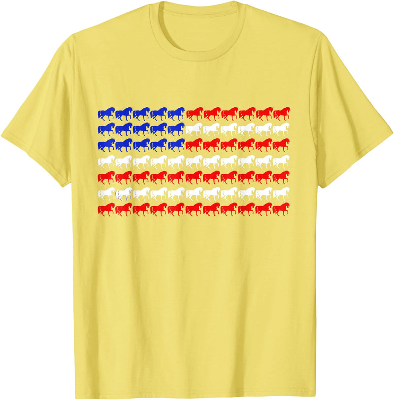 Horse Owners Gear USA Horse Lover Patriotic US Flag Prancing Horses Silhouette T-Shirt - Lemon Yellow