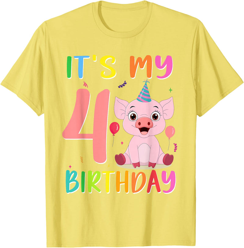 Pig Lover Shirt Farm Birthday Boy Girl Gift It’s My 4th Birthday Pig for Pig Lover 4 Year Old T-Shirt - Lemon Yellow