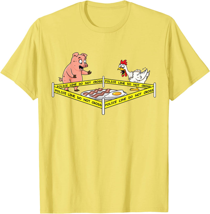 Mr Ben Thanksgiving Police Line Do Not Cross Pig and Chicken Funny Food T-Shirt - Lemon Yellow