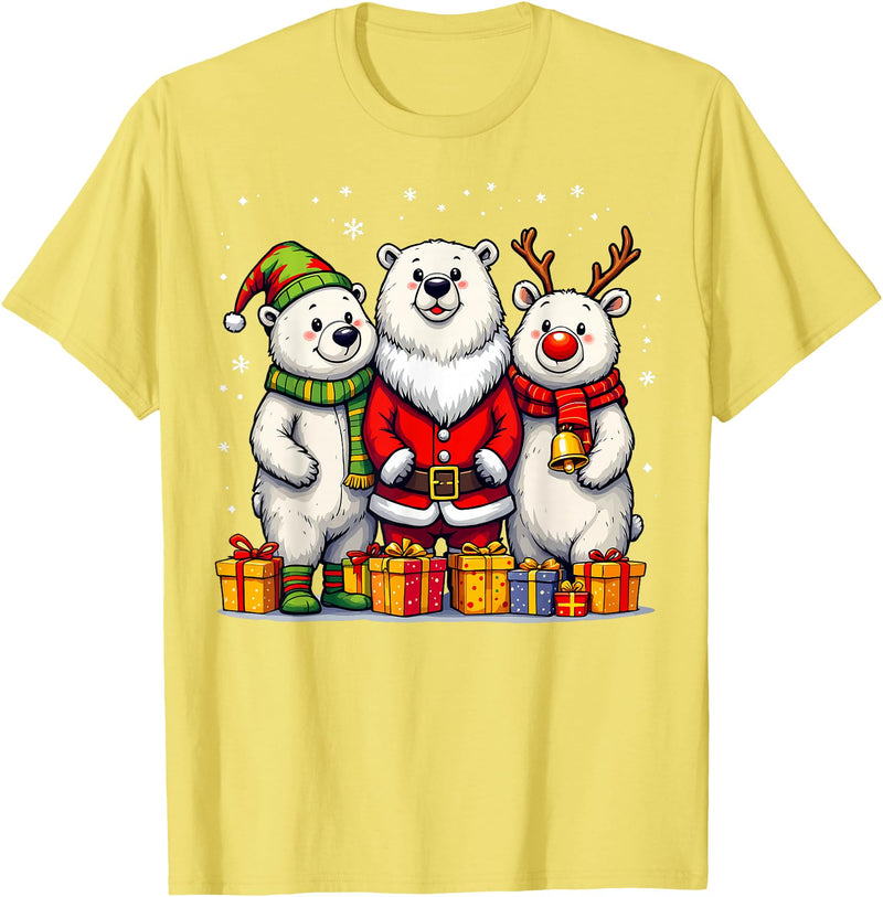 Christmas Polar Bear Santa Elf Reindeer Holiday Cute Christmas Polar Bears in Santa Elf and Reindeer Costume T-Shirt - Lemon Yellow