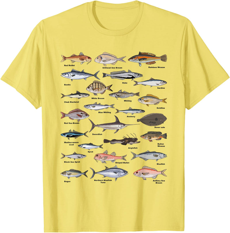 Botanical Chart Apparel Co. Vintage Fish Identification Chart Fishing T-Shirt - Lemon Yellow