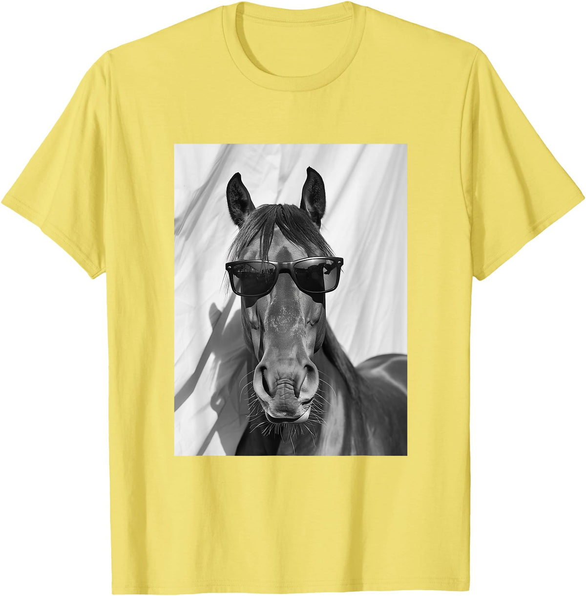 Funny Animal Photography Clothing Co. Cute Horse with Sunglasses Farm Animal Photo Booth T-Shirt - Lemon Yellow