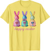 Funny Three Bunnies Rabbit Eggs Happy Easter Trendy Sparkly T-Shirt in Lemon Yellow