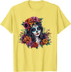 Sugar Skull Dia De Los Muertos Floral Skull Day of The Dead Sugar Skull Woman Floral Crown T-Shirt - Lemon Yellow
