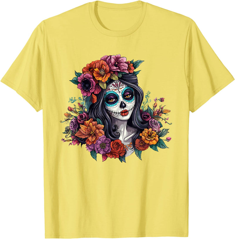 Sugar Skull Dia De Los Muertos Floral Skull Day of The Dead Sugar Skull Woman Floral Crown T-Shirt - Lemon Yellow