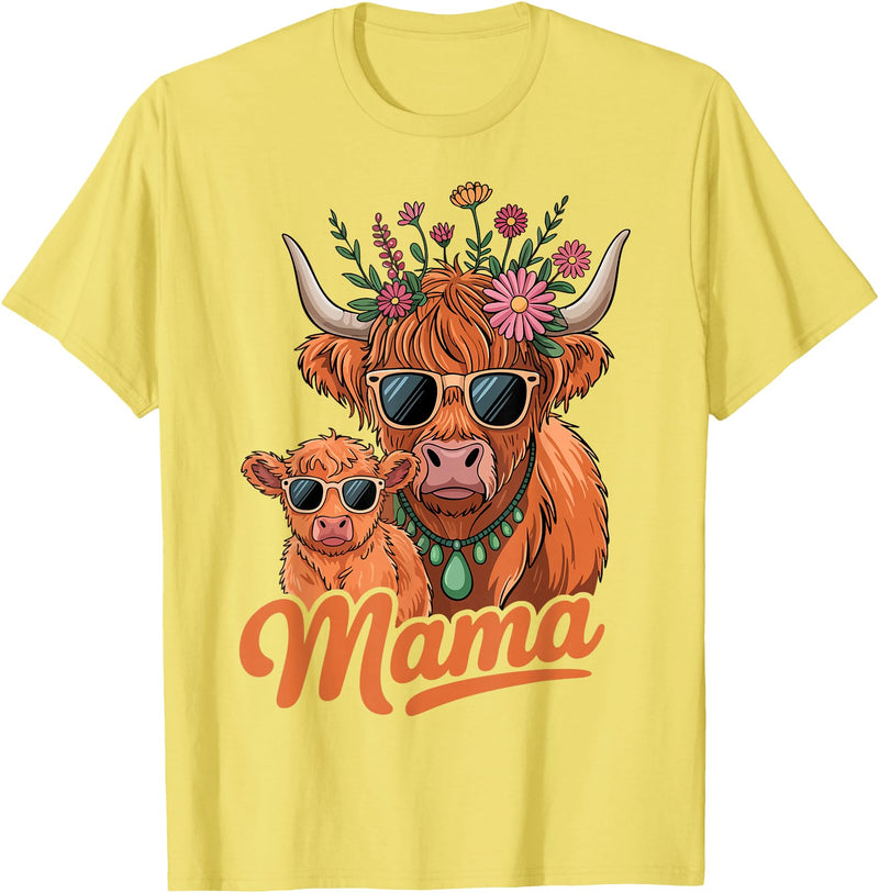 Scottish Farm Matching Mom Daughter Highland Cow Highland Cow Mama Mom Baby Calf Daughter Floral Mothers Day T-Shirt - Lemon
