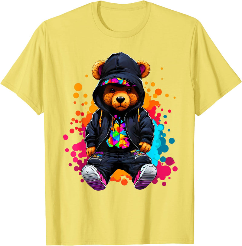 Hip Hop Teddy Bear Aesthetic Wear Co. Hip Hop Bear Colorful Teddy Bear With Hoodie Baseball Cap T-Shirt - Lemon Yellow